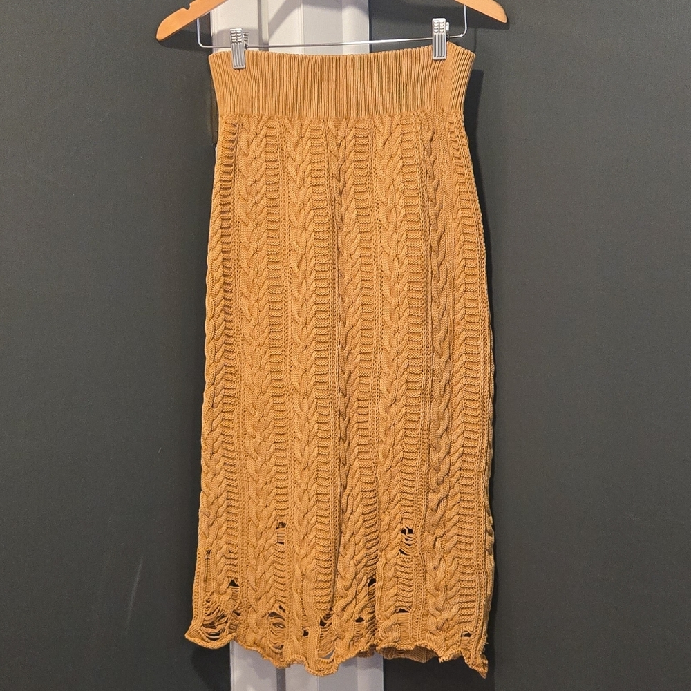 Free People mustard yellow cotton cable knit midi skirt
